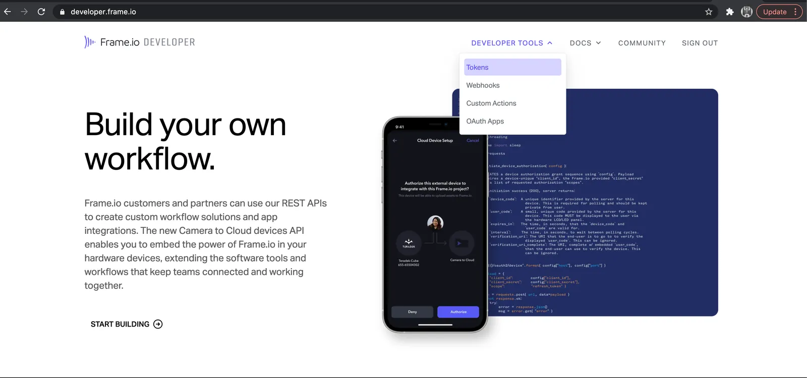 Инструменты на сайте Frame.io Developer